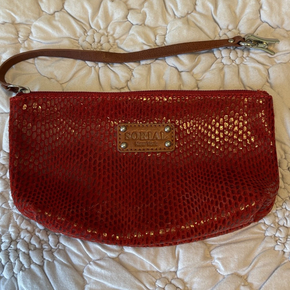 Sorial Red Textured Wristlet Pouch with Brown Strap